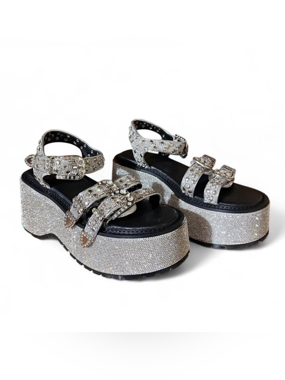 NIB Club Exx Rhinestone Radiant Western Platform Silver Sandals Size 10